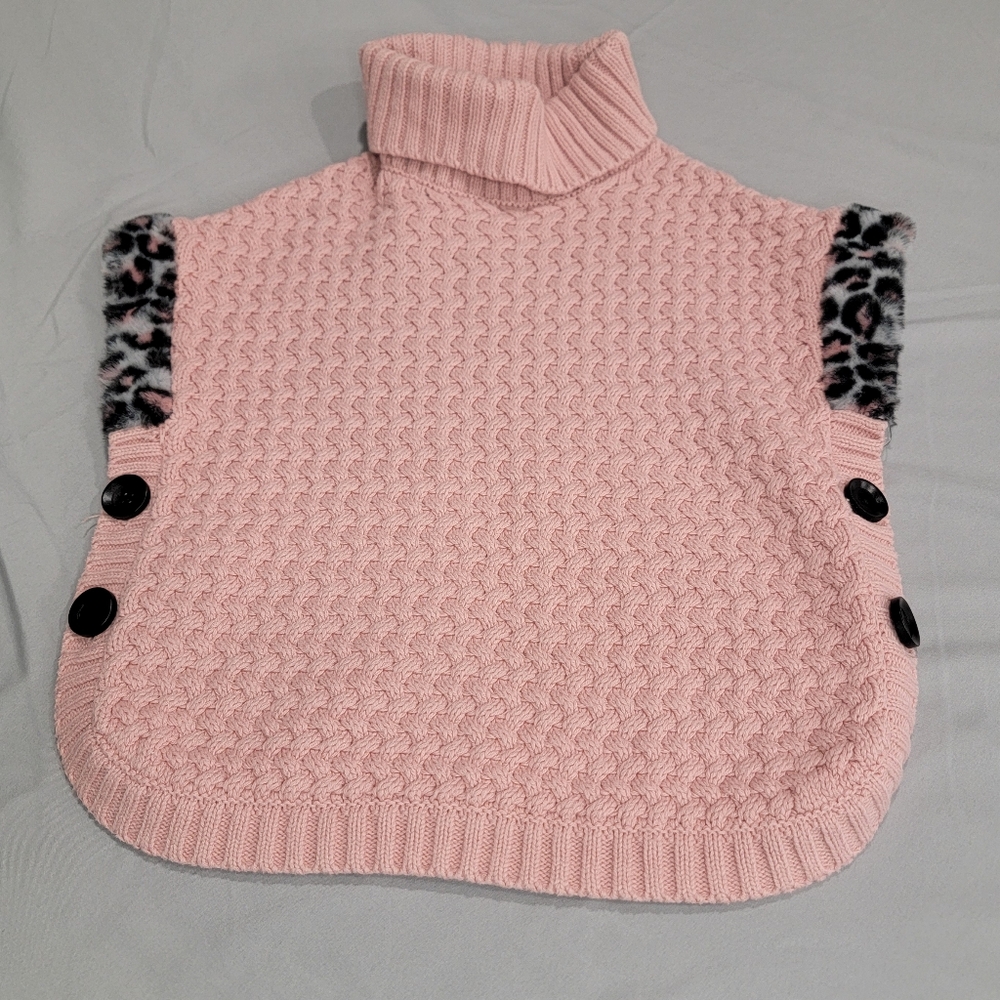 Pink Sweater Knitted Poncho with Leopard Accents